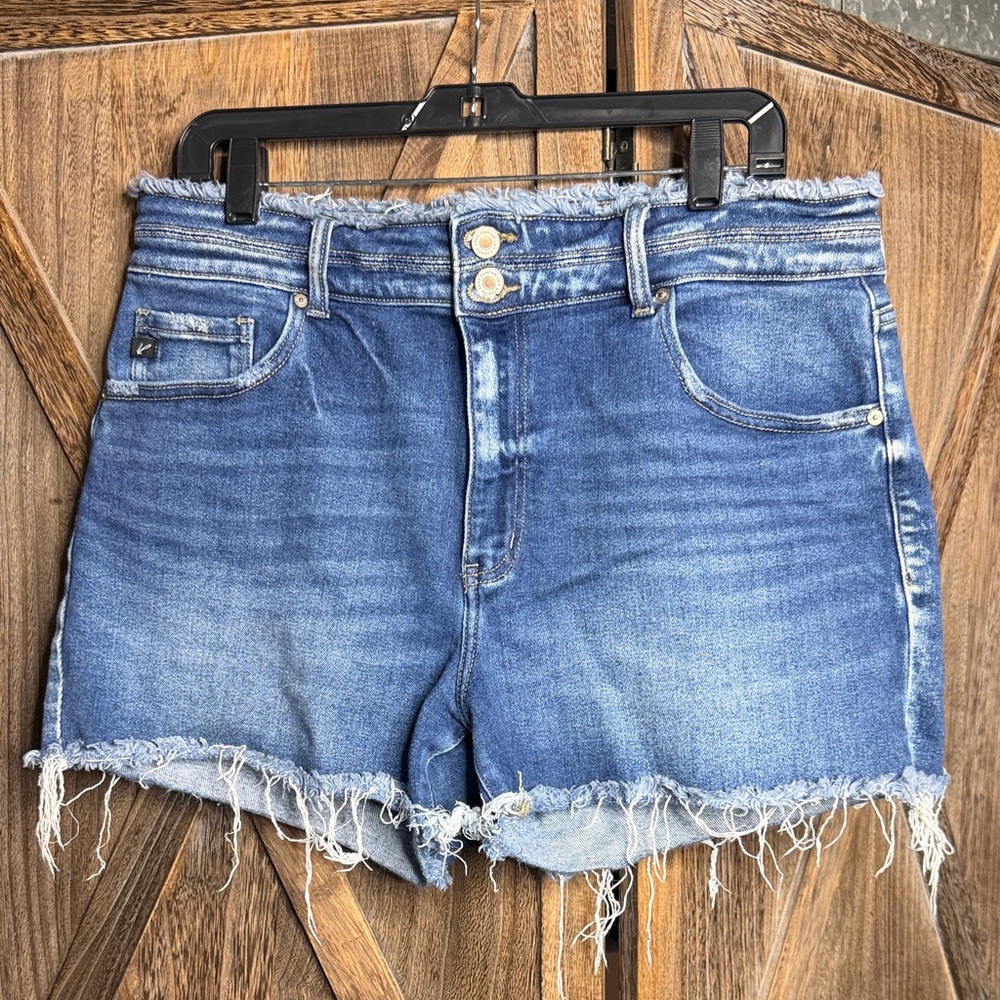 KanCan High-Rise Frayed Hem Denim Shorts - Blue
